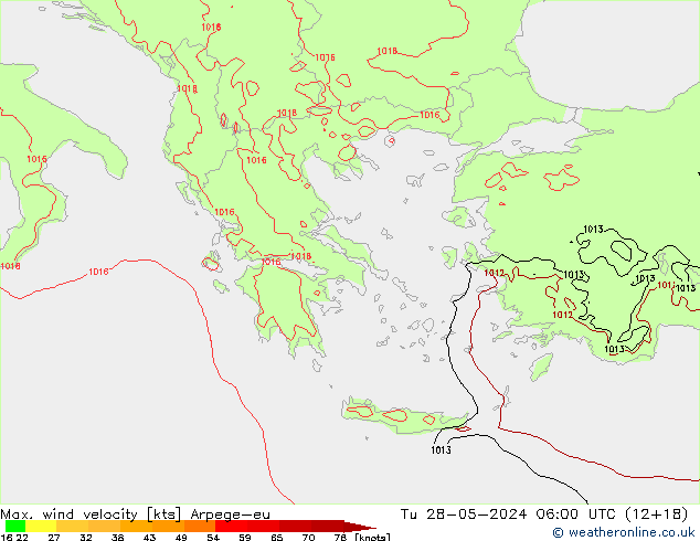 Max. wind velocity Arpege-eu Út 28.05.2024 06 UTC