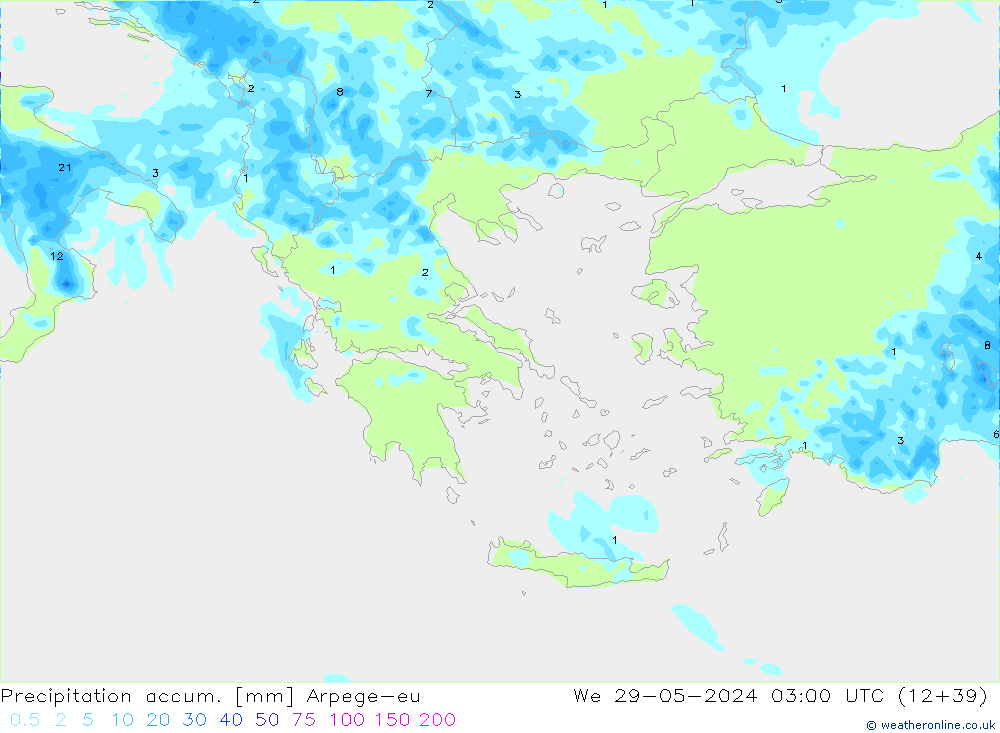 Totale neerslag Arpege-eu wo 29.05.2024 03 UTC