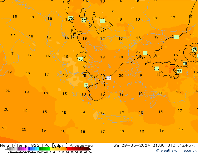 Height/Temp. 925 hPa Arpege-eu We 29.05.2024 21 UTC