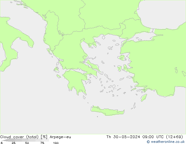 Cloud cover (total) Arpege-eu Th 30.05.2024 09 UTC