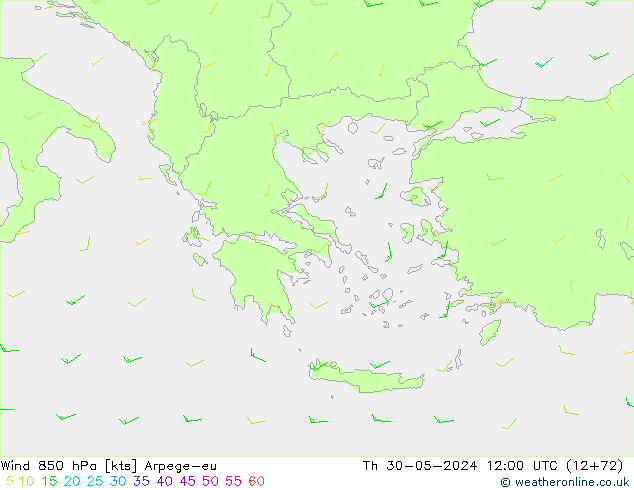 Vent 850 hPa Arpege-eu jeu 30.05.2024 12 UTC