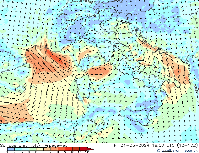 Vent 10 m (bft) Arpege-eu ven 31.05.2024 18 UTC