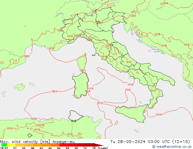 Max. wind velocity Arpege-eu Tu 28.05.2024 03 UTC