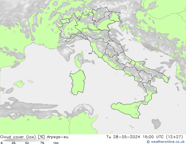 Cloud cover (low) Arpege-eu Tu 28.05.2024 15 UTC