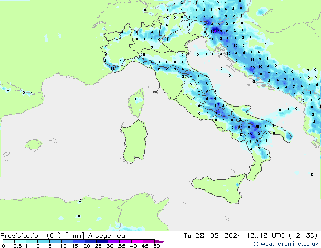 Precipitation (6h) Arpege-eu Út 28.05.2024 18 UTC