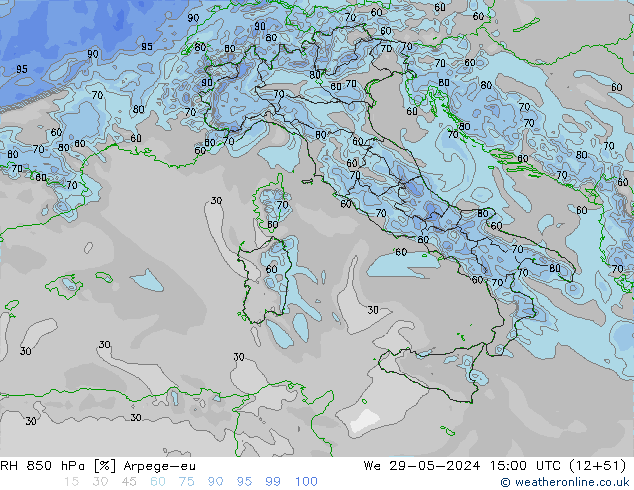 RH 850 hPa Arpege-eu mer 29.05.2024 15 UTC