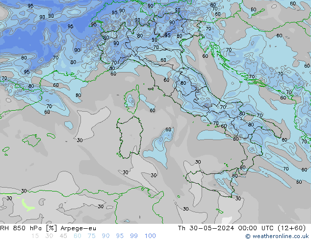 RH 850 hPa Arpege-eu Th 30.05.2024 00 UTC