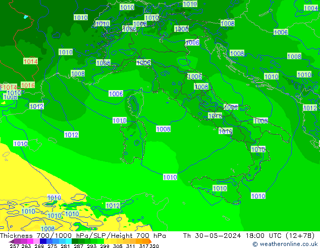 Thck 700-1000 hPa Arpege-eu gio 30.05.2024 18 UTC