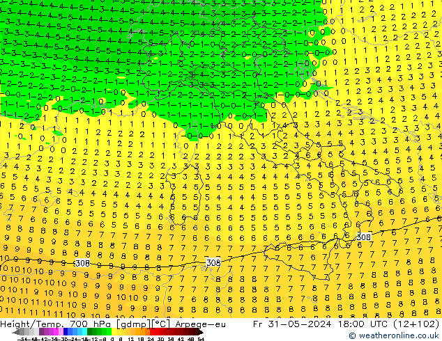 Height/Temp. 700 hPa Arpege-eu Sex 31.05.2024 18 UTC