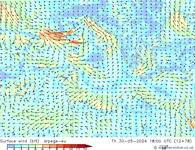 Viento 10 m (bft) Arpege-eu jue 30.05.2024 18 UTC