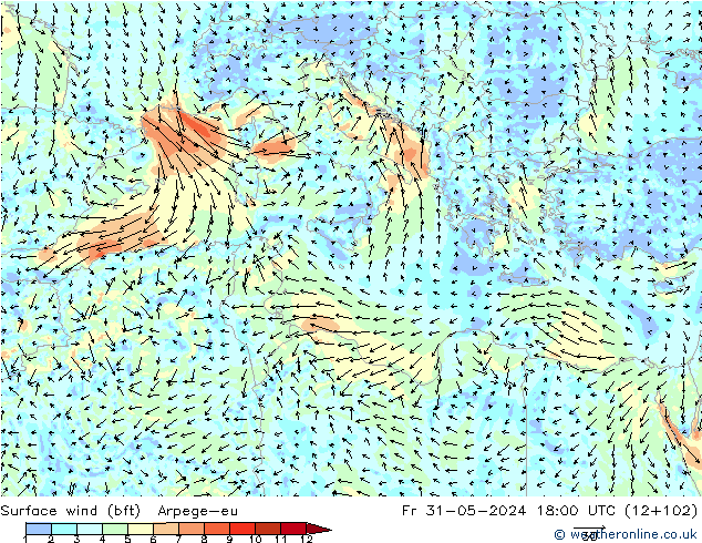 Surface wind (bft) Arpege-eu Fr 31.05.2024 18 UTC