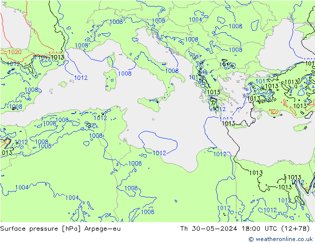 Presión superficial Arpege-eu jue 30.05.2024 18 UTC