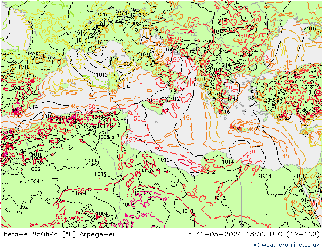 Theta-e 850гПа Arpege-eu пт 31.05.2024 18 UTC