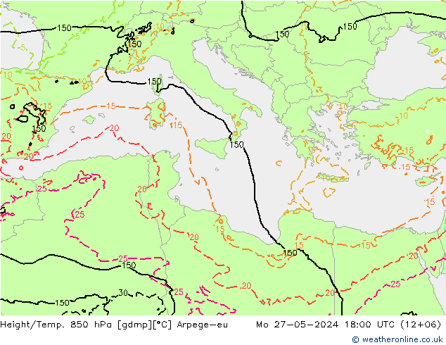 Height/Temp. 850 hPa Arpege-eu Mo 27.05.2024 18 UTC