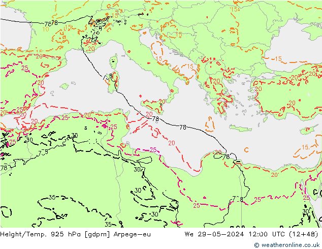Hoogte/Temp. 925 hPa Arpege-eu wo 29.05.2024 12 UTC