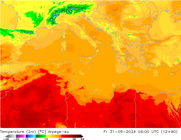 Temperatura (2m) Arpege-eu ven 31.05.2024 06 UTC