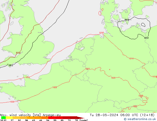 Max. wind velocity Arpege-eu mar 28.05.2024 06 UTC