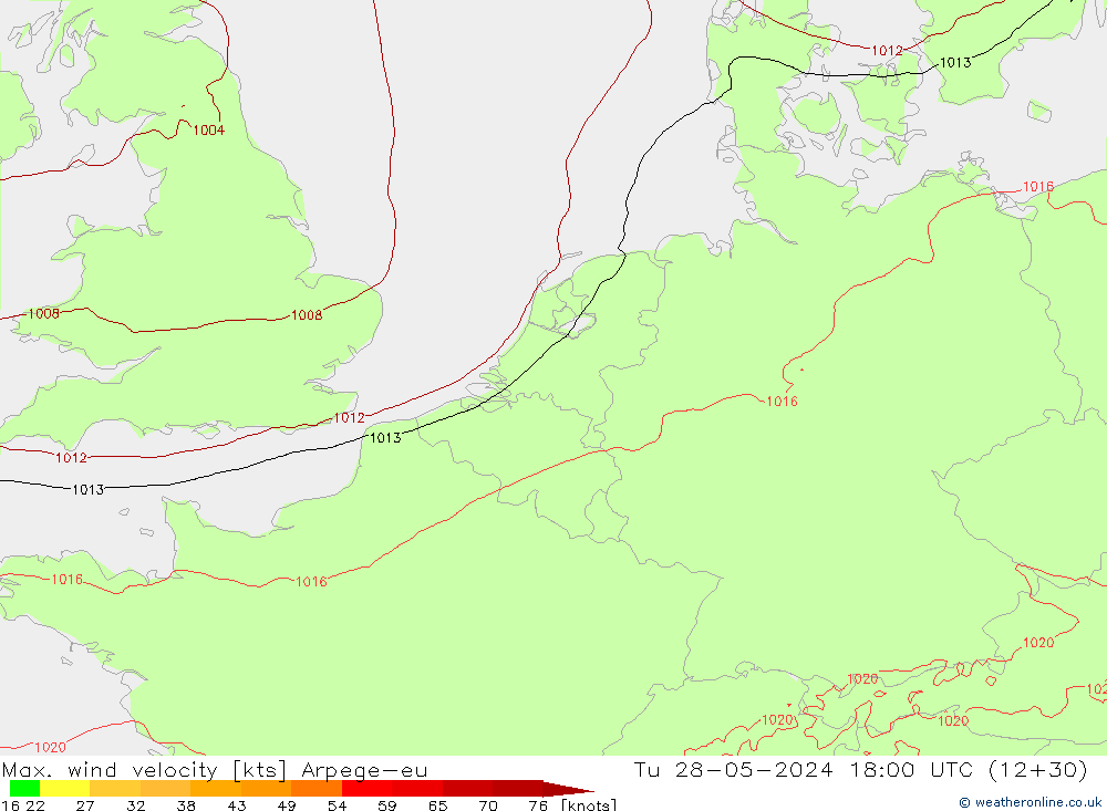 Max. wind velocity Arpege-eu вт 28.05.2024 18 UTC