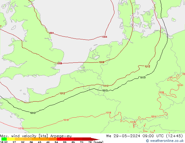 Max. wind velocity Arpege-eu Qua 29.05.2024 09 UTC