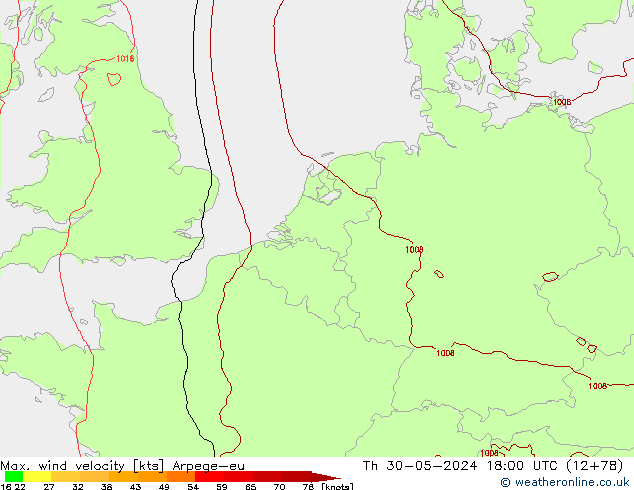 Max. wind velocity Arpege-eu Th 30.05.2024 18 UTC