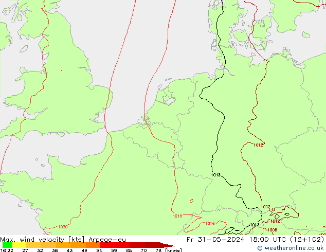 Max. wind velocity Arpege-eu ven 31.05.2024 18 UTC