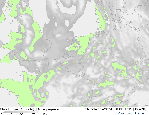 oblačnosti uprostřed Arpege-eu Čt 30.05.2024 18 UTC