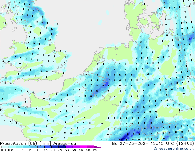 Totale neerslag (6h) Arpege-eu ma 27.05.2024 18 UTC