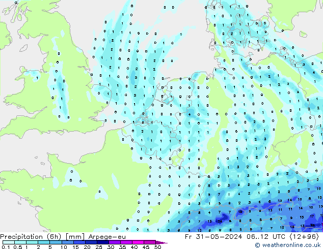 Totale neerslag (6h) Arpege-eu vr 31.05.2024 12 UTC