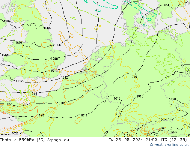 Theta-e 850гПа Arpege-eu вт 28.05.2024 21 UTC