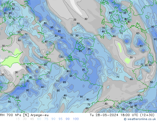 RH 700 hPa Arpege-eu Tu 28.05.2024 18 UTC