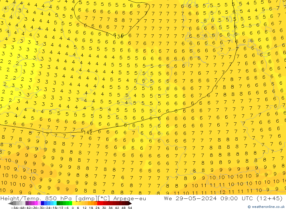 Géop./Temp. 850 hPa Arpege-eu mer 29.05.2024 09 UTC