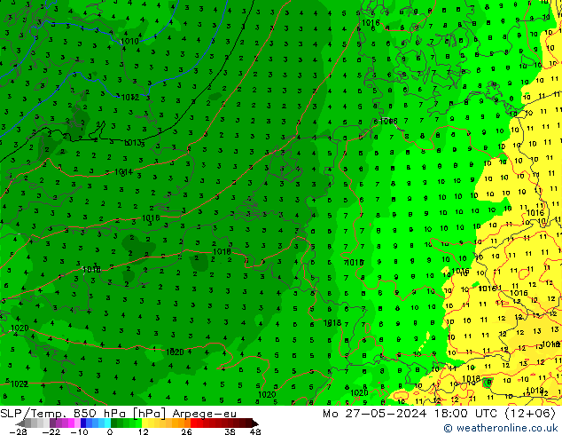 SLP/Temp. 850 hPa Arpege-eu Mo 27.05.2024 18 UTC