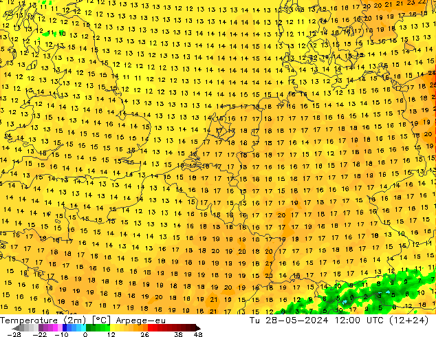 Temperaturkarte (2m) Arpege-eu Di 28.05.2024 12 UTC