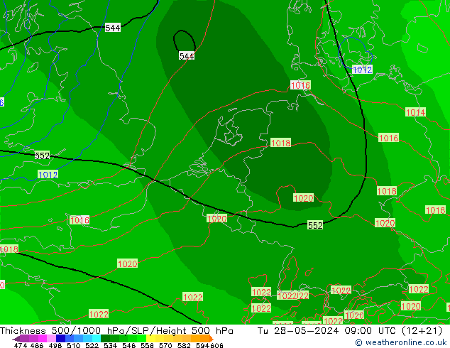 Espesor 500-1000 hPa Arpege-eu mar 28.05.2024 09 UTC