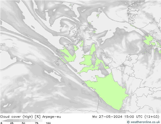 Cloud cover (high) Arpege-eu Mo 27.05.2024 15 UTC