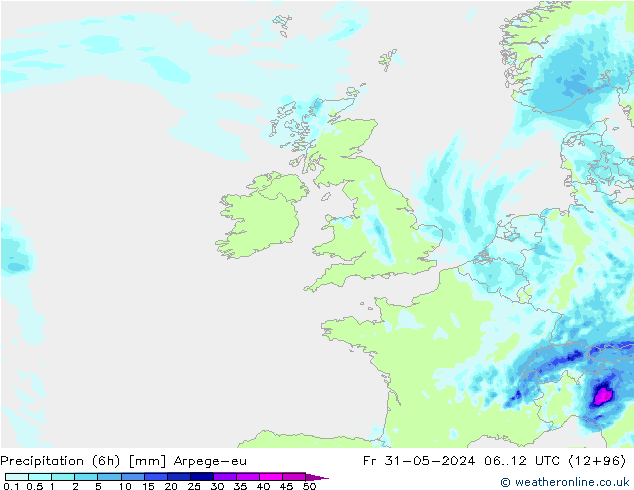 осадки (6h) Arpege-eu пт 31.05.2024 12 UTC