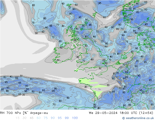 Humidité rel. 700 hPa Arpege-eu mer 29.05.2024 18 UTC