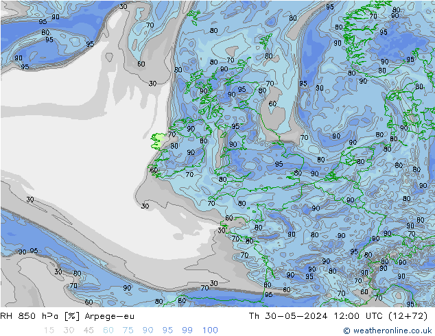 RH 850 hPa Arpege-eu Čt 30.05.2024 12 UTC