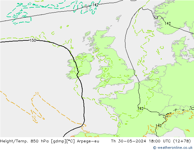 Hoogte/Temp. 850 hPa Arpege-eu do 30.05.2024 18 UTC