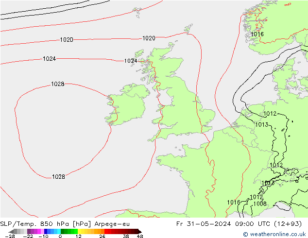 SLP/Temp. 850 hPa Arpege-eu Sex 31.05.2024 09 UTC