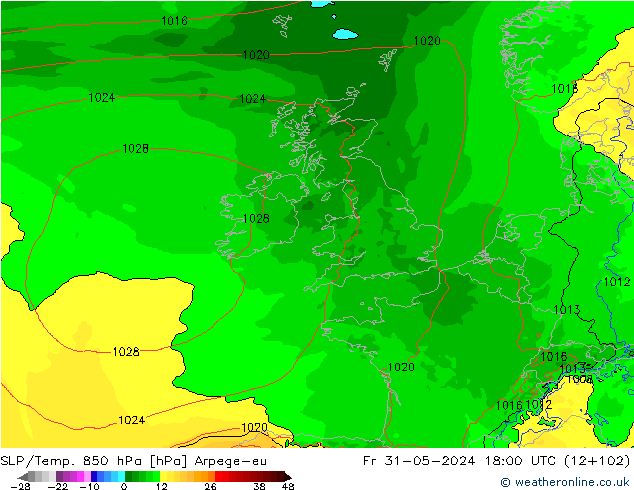 SLP/Temp. 850 hPa Arpege-eu ven 31.05.2024 18 UTC