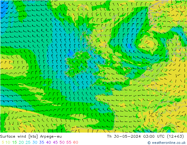 Surface wind Arpege-eu Čt 30.05.2024 03 UTC