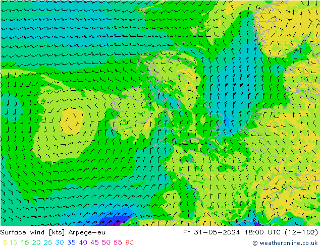 Wind 10 m Arpege-eu vr 31.05.2024 18 UTC