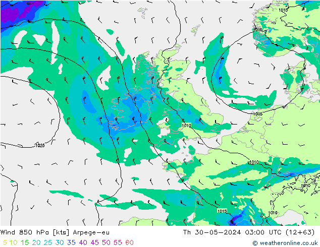 Wind 850 hPa Arpege-eu Čt 30.05.2024 03 UTC