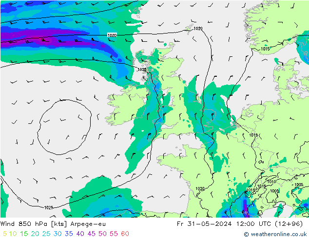 Wind 850 hPa Arpege-eu Fr 31.05.2024 12 UTC