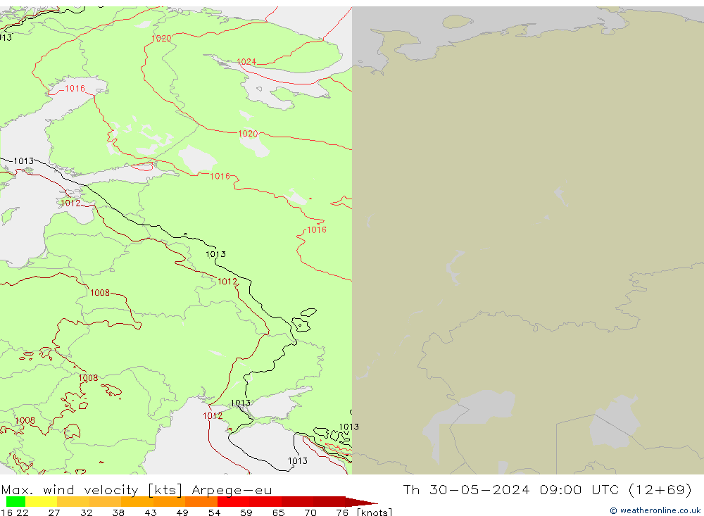 Max. wind velocity Arpege-eu  30.05.2024 09 UTC