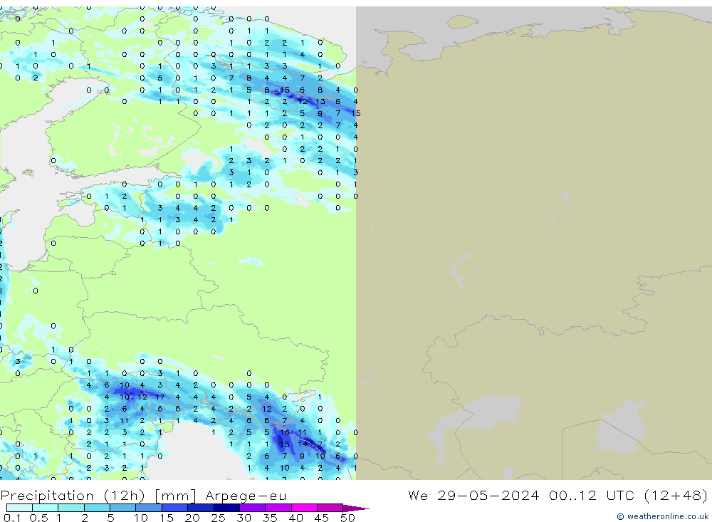 Totale neerslag (12h) Arpege-eu wo 29.05.2024 12 UTC