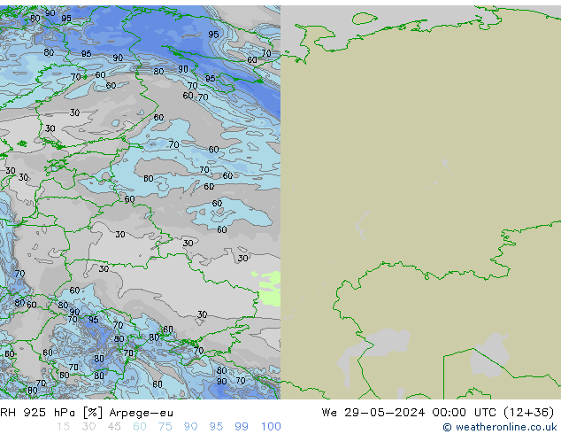 Humedad rel. 925hPa Arpege-eu mié 29.05.2024 00 UTC