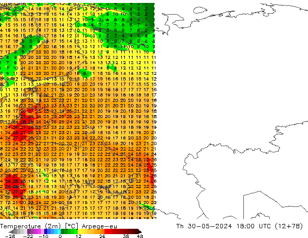 Temperatura (2m) Arpege-eu gio 30.05.2024 18 UTC