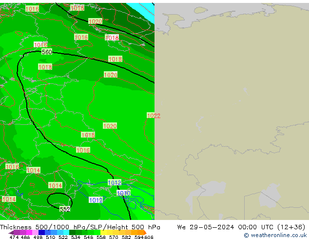 Espesor 500-1000 hPa Arpege-eu mié 29.05.2024 00 UTC